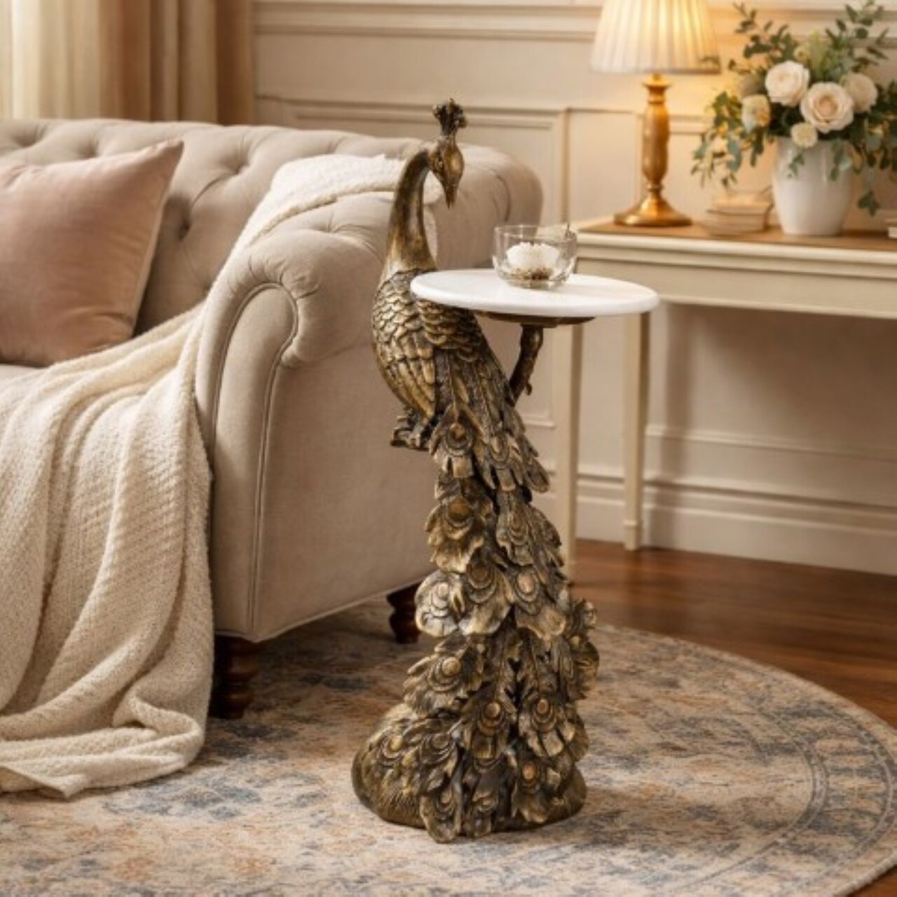 Peacock Side Table with White Marble Top | Decorative Sculptural End Table | Aluminum Base | Antique Brass Accent Table for Living Room | 10x10x29"